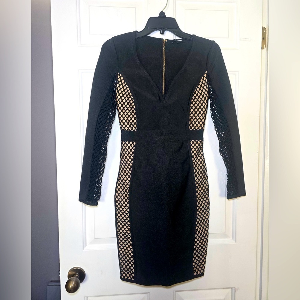 Fashion Nova Black Pencil Dress Size Small Cutouts Deep V Stretch Banded Waist